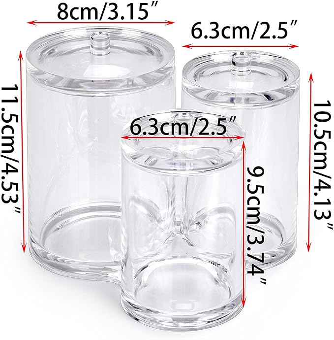 Hipiwe Clear Acrylic Cotton Swab Holder Cotton Round Container, 3 Slots | Cotton Pad and Ball Q-tip Organizer Case for Makeup Brush, Bathroom Apothecary Jar with Lid