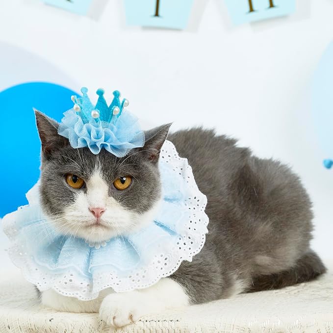 Cat Princess Costumes Cat Crown Hat & Lace Bandana Scarf Set, Puppy Party Hat for Small Dogs & Cats, Lace Outfit for Cats and Small Dogs Birthday Party (Blue)