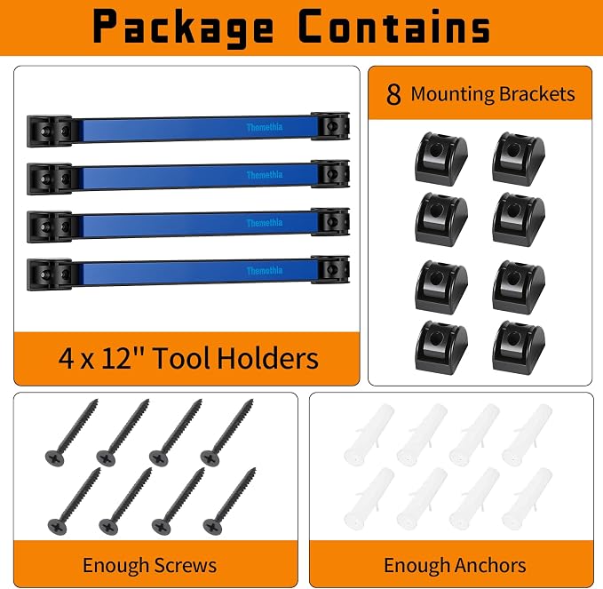 12" Magnetic Tool Holder Strip, 4 Pieces Blue Metal Tool Organizer Rack with Stainless Steel Surface, Magnet Bar for Garage Workshop, Easy To Install with Mounting Screws