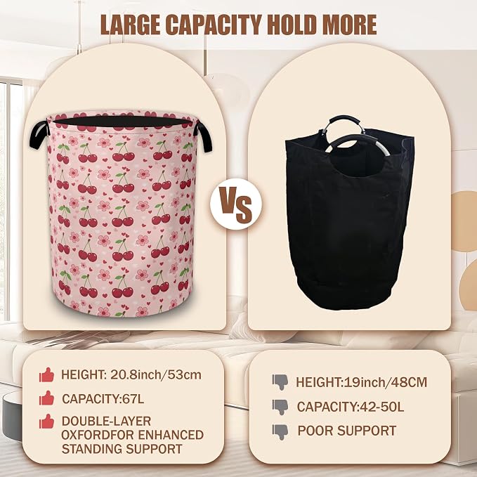 Cherry Flower Laundry Basket,Waterproof Foldable Pink Laundry Hamper,Dirty Clothes Laundry Basket, Linen Bin Storage Organizer Collection 16" x 20.8"
