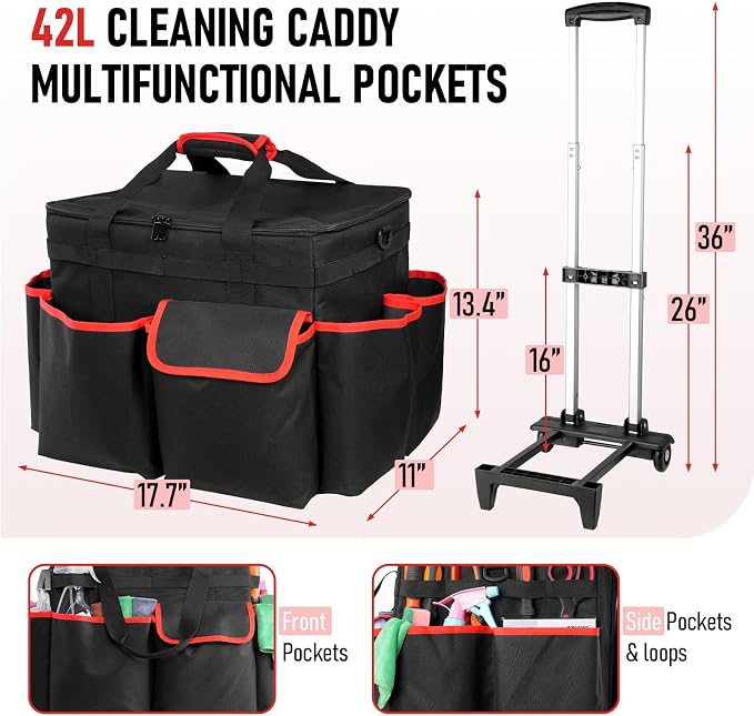 Large DIY Rolling Cleaning Caddy Bag, Cleaning Caddy with Wheels | Wear-Resistant & Waterproof 900D Oxford Cleaner Supplies Organizer for Housekeepers, Kitchen, Home, Office, Tool Storage