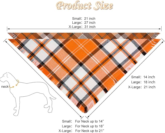 Fall Dog Bandanas 2PCS Small Orange Plaid Pet Scarf Tassels | Fall plaid dog bandanas with tassels,perfect for Halloween,Thanksgiving parties,photo shoots.Fits small dogs & cats.