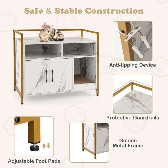 Giantex Cat Litter Box Enclosure - Cat Washroom Hidden Furniture with Front Entry, Scratcher, 2-Door Storage Cabinet, 2 Compartments, Air Vents, Metal Frame, Wooden Pet Crate House (Marble White)