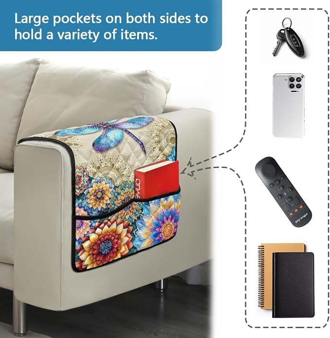 Dragonfly Pattern Chair Arm Protectors with 2 Pockets Stretch Couch Armrest Cover,Arm Rest Covers for Sofa,Dustproof Soft Armchair Covers for Arms Wasahble Sofa Arm Slipcover