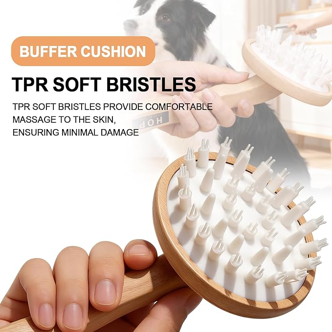 HOP Dog Bath Brush with Wooden Handle Dog Washing Brush Massage Shampoo Brush Cat Deshedding Comb Pet Grooming Tool for Dogs and Cats Remove Loose Hair Deep Cleansing