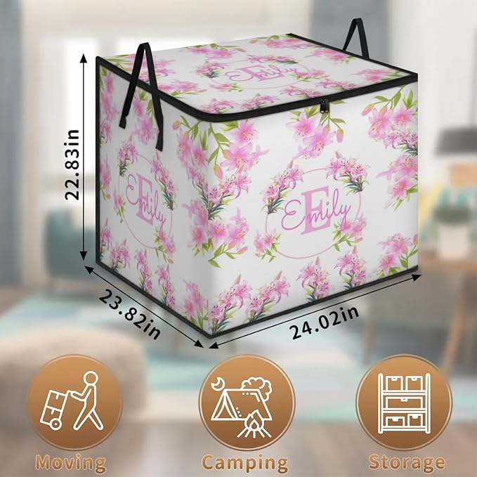 Personalized Extra Large Storage Basket with Lid, Comforters, Bedding Toys Storage Bin with Handles for Home, Collapsible Basket for Clothes, Moving, Car Trunk, Bright Violet Pink Lily Flower
