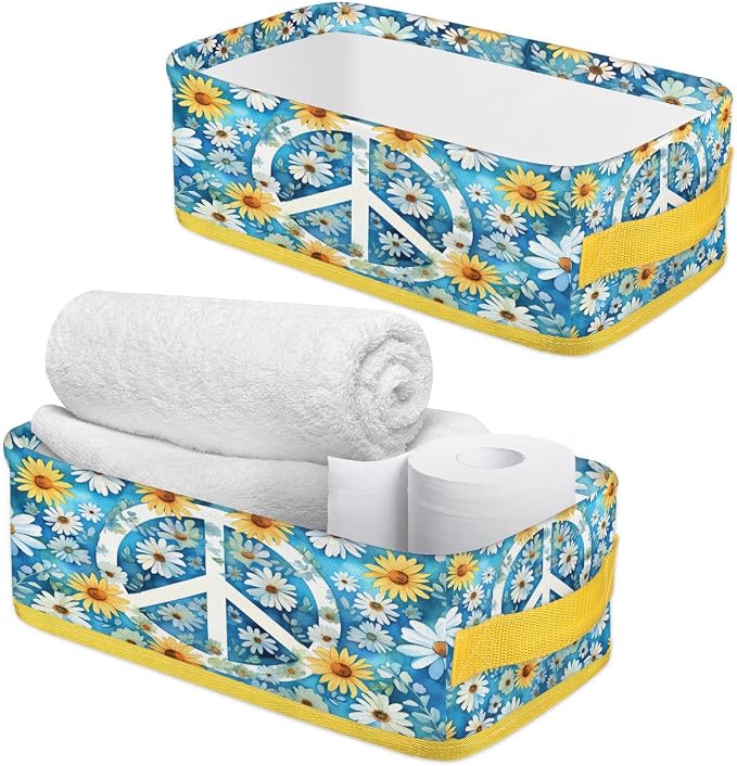 Peace Sign Daisy Bathroom Storage Basket, Foldable with Handle Open Countertop Paper Towel Decorative Box, Toilet Tank Top Shelf Baskets for Home Closet Bedroom Living Room Office