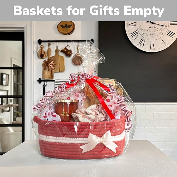 CHICVITA Small Woven Rope Gift Basket, Decorative Burr Basket, Red | 13" x 10" x 5" Storage Baskets for Toys & Baby Essentials, Fits Nursery & Bedroom Organization, Built-In Handles, Bow Design