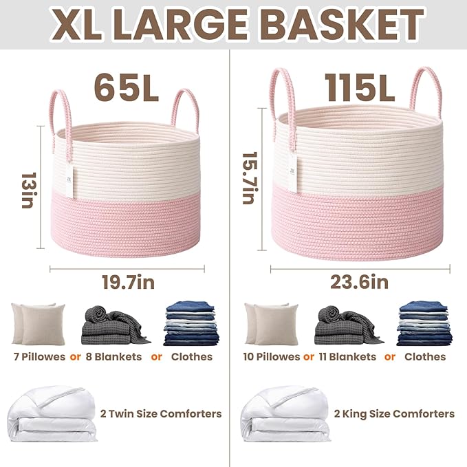 JMvicyroam 65L Extra Large Machine Washable Cotton Rope Blanket Basket | Collapsible laundry hamper, Reinforced handles, For blankets, pillows, toys and clothes, Living room and bedroom, White&Pink