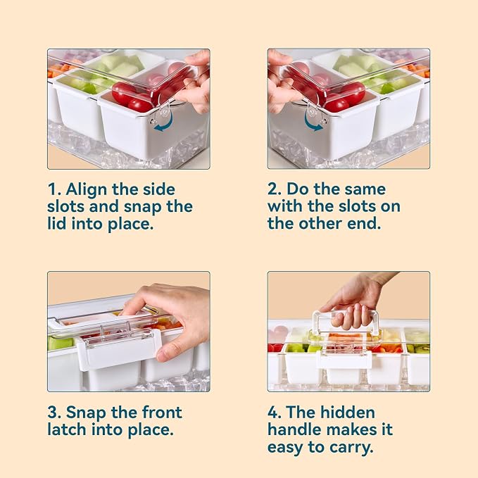 Chilled Condiment Caddy Server with 5 Removable Compartments Containers | Ice Chilled Condiment Tray Organizer, Hidden Handle Design, Garnish Tray Multi-Purpose for Camping, Kitchen, Fruit, Salad