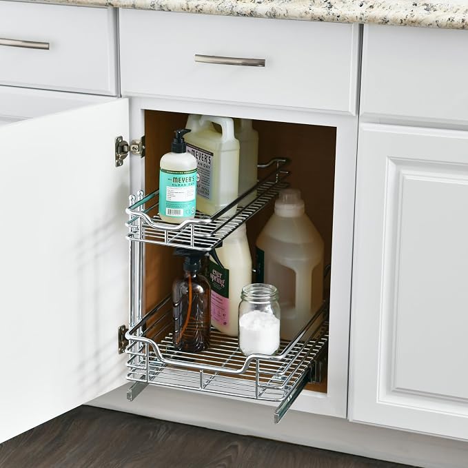 Household Essentials Glidez 2‑Tier Large Multipurpose Chrome‑Plated Steel Pull‑Out/Slide‑Out Under Sink Organizer, Chrome Finish