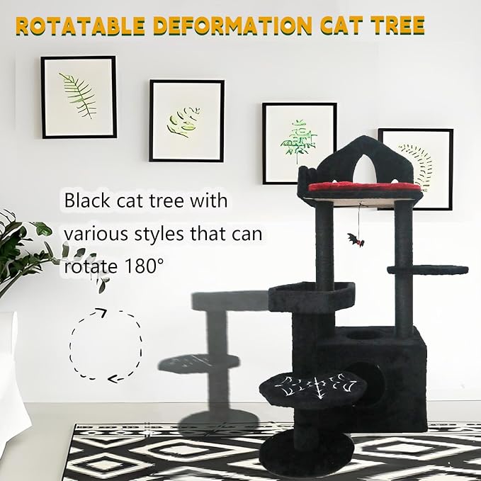 Gothic Cat Tree with Coffin Bed, Cat Tower with Scratching Post, Goth Cat Tower with Spacious Cat Condo Black Cat Tree with Regal Throne Bed, Black Spider Figurine