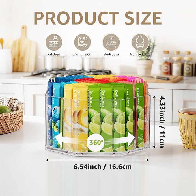 Divided Drink Packet Organizer, Octagonal 5 Compartment Clear Lazy Susan | Lazy Susan Turntable, Rotating Storage Organizer for Powdered Drink Mix, Water Flavor Packets, Coffee, Tea, Spices