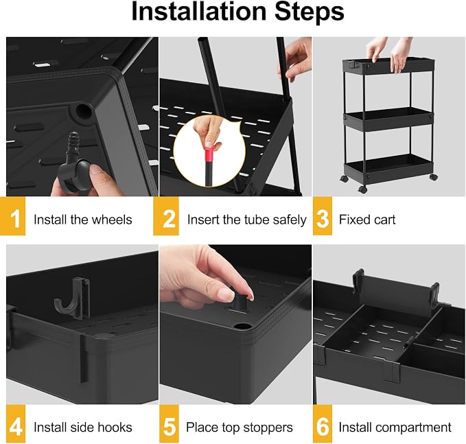 4 Tier Rolling Cart with Wheels, Storage Craft Art Trolley Organizer Serving, 3 Hanging Baskets Easy Assembly, for Office, Living Room, Kitchen