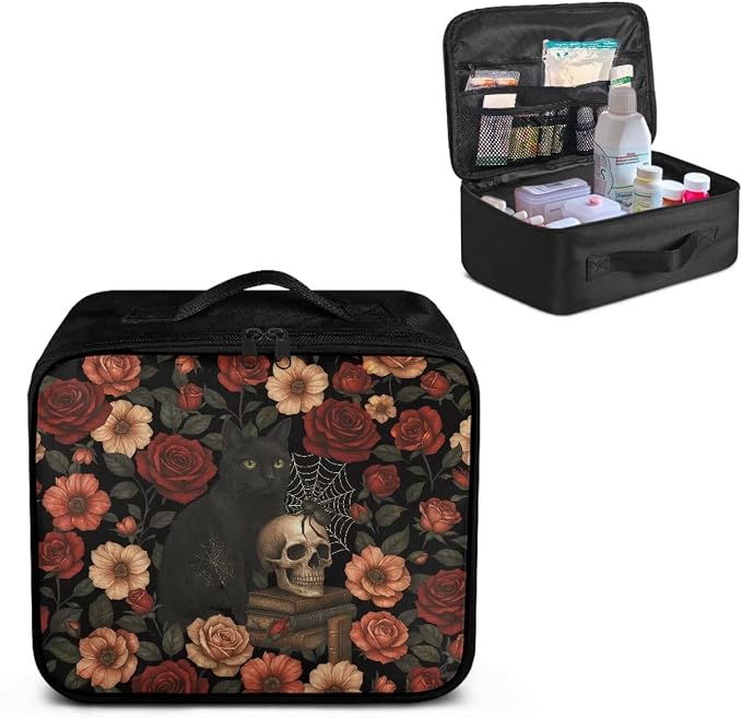 Gothic First Aid Kit Bag Floral Skull Cat Empty First Aid Bag Large Capacity for Home Office and Travel Use Lightweight Washable Soft Fabric