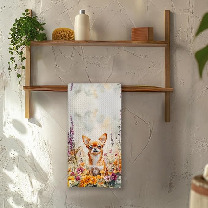 Chicimln Wildflower Chihuahua Dog Kitchen Towels, Chihuahua Gifts for Women Men Decorative Hand Towels for Bathroom, Dog Lover Gifts Dish Tea Towel Drying Cloth for Kitchen Decor, 16x24 Inch