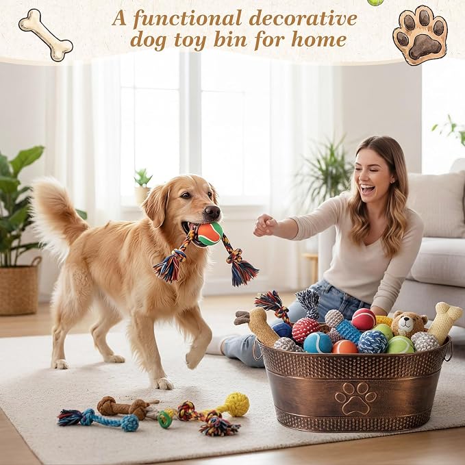 Zonon Metal Dog Toy Storage Bin with Handles 21 Quart Vintage Decorative Basket for Dog Ropes Food Living Room Decor, Galvanized Steel Pet Toy Organizer, 18x11.5x7.5 Inch (Dog's Paw)