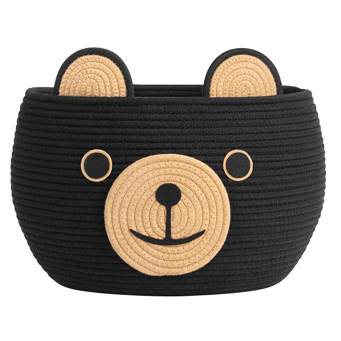 CherryNow Large Baby Basket for Gifts Empty, Cute Bear Design, Black | 15.7" x 10.5" Baby Shower Basket for Kids Boys Newborn Storage, Woven Rope Toy Basket, Fits Living Room Nursery Décor