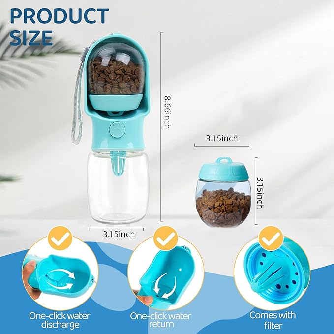 Dog Water Bottle with Food Container, Leak Proof Portable Pet Dispenser with Lock and Cleaning Brush,Dogs Stuff Water Bottle for Walking Hiking,Travel (Blue)