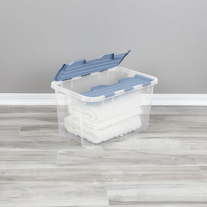 SteriliteHinged Lid Storage Box Plastic Container, 60 Quart, 6 Pack | Washed Blue - Home Organizer Tote for Storing Shoes, Crafts, Clothing, or Decor