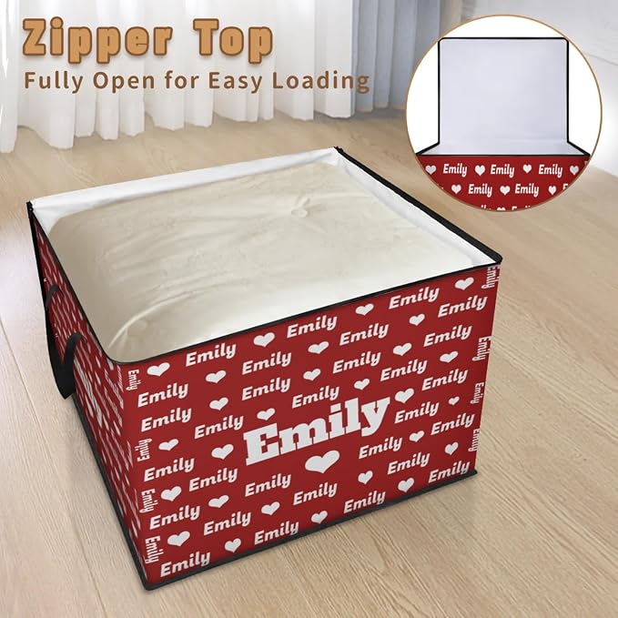Personalized Name Foldable Storage Basket Cubes with Lid, Laundry Hamper Dirty Clothes Pet Toys Storage Bin with Handles for Shelf Home Closet Kitchen, Solid Red Background with Love Heart