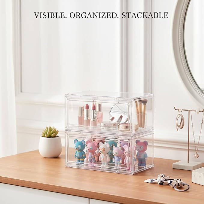 Clear PET Stackable Storage Box with Dividers, Transparent Display Organizer for Desktop Essentials