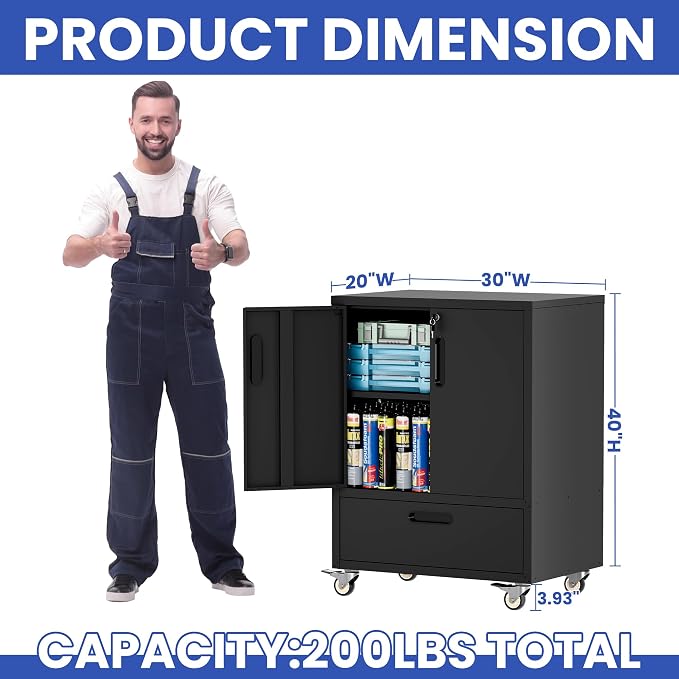 Metal Rolling Tool Storage Cabinet with 2 Locking Doors and 1 Drawer,Black | Heavy Duty Mobile Tool Cabinets for Garage,Metal Storage Cabinets with Wheels,Assembly Required