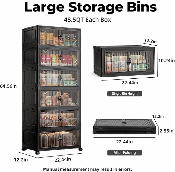 5-Tier Foldable Storage Cabinet with Wheels & Lid, 242QT Large Stackable Organizer, No Tool Required, Storage Cabinet for Garage, Home Office, Pantry, Kitchen, Dorm