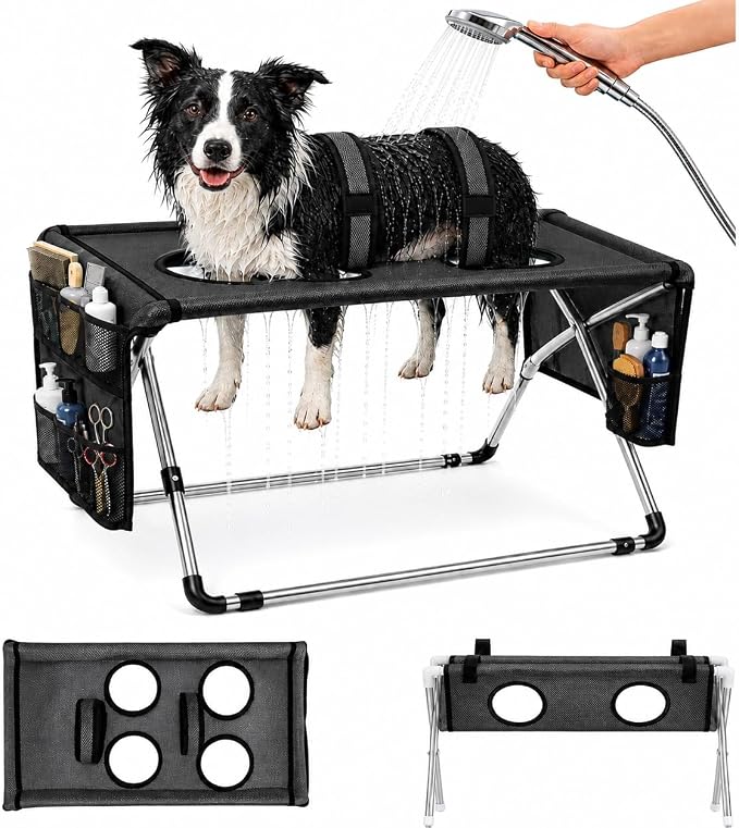 Dog Grooming Hammock Stand, Foldable Dog Bath Holder Sling Shower Chair | Heavy-Duty Pet Bath Stool for Small & Medium Dogs, Home Salon Grooming, Washable Mesh, Joint Support & Restraint(Black,Pro)