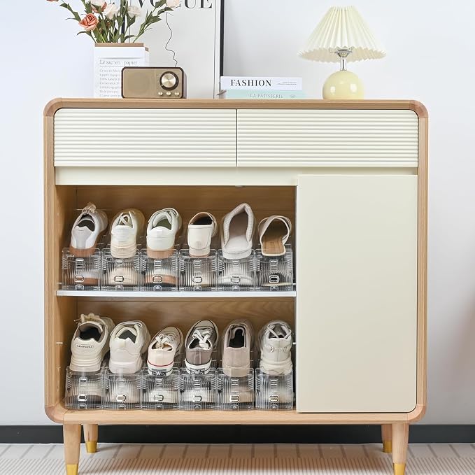 24-Pack Adjustable Shoe Slots Organizer for Closet, Gold | 24 PET shoe stackers with gold accents organize up to 24 pairs; 3 adjustable height levels for sneakers, heels, and flats.