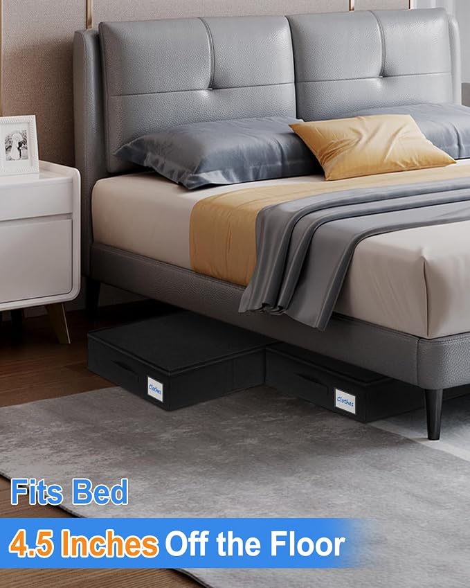 4.5-In Low Profile Under Bed Storage, Rigid Support, 2 Pack, Black | Thin Clothes Storage, Rigid Sides & Bottom, Zipped Lid, Reinforced Handles, Limited Clearance, Couches, Cribs, Dorm Beds