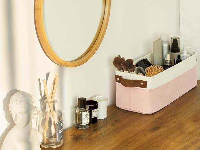 StorageWorks Narrow Fabric Storage Bins, Pink and White, 2-Pack | With Metal Frame, Sturdy Structure, Reinforced Handles, Toilet Paper Storage, Small Storage Bins for Bathroom, Closet, Shelf