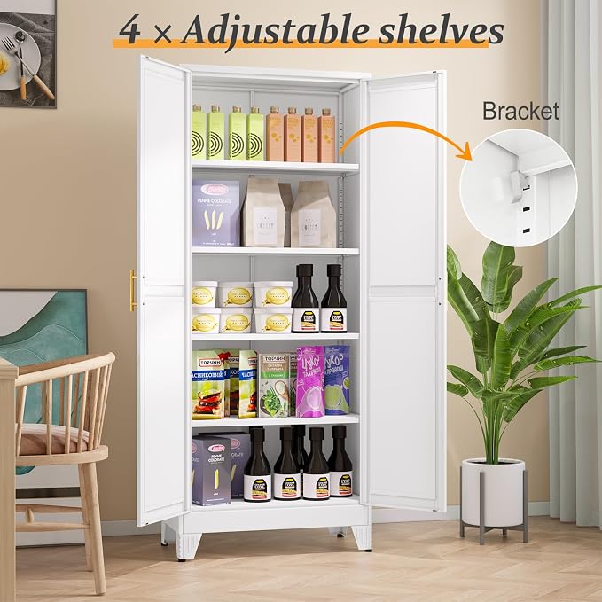 White Pantry Storage Cabinet, 71" Metal Kitchen Pantry Storage | Steel Storage Cabinets with Doors and 4 Adjustable Shelves, Metal Storage Cabinet, for Office, Home, Garage, School