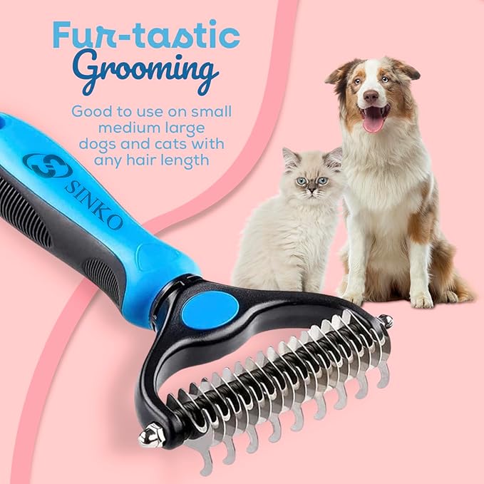 Sinko Shedding Brush For Dog and Cat, Grooming Brush with Extra Wide Double-Sided Stainless Teeth for Detangling, Deshedding, Brushing & Removing Shed Fur, Knots, Mats, and Tangles in Pets (Blue)