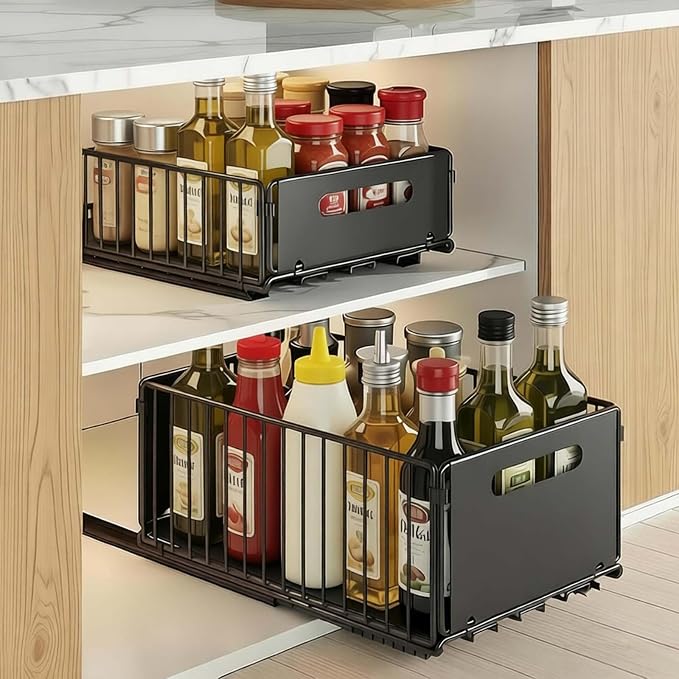 Sliding Pull-Out Cabinet Organizer 9.6"x14.8"x7.5" Black Heavy Duty Carbon Steel Drawer with Adhesive Rails, No Drill Storage Solution for Pantry/Closet