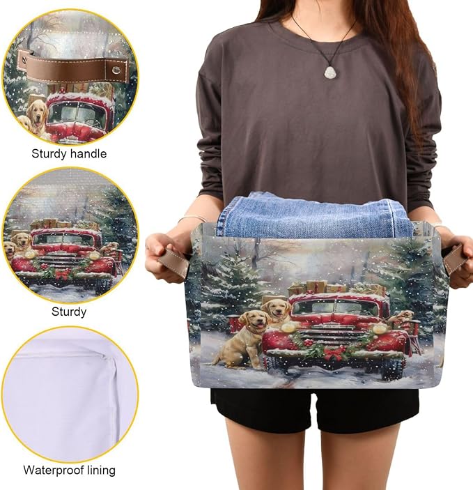 Christmas Truck Golden Retriever Storage Basket Fabric Kitchen Baskets Winter Car Dogs Xmas Tree Open Home Storage Bins Boxes Foldable Organizer Bag for Book Shelf Closet Baskets 16×12×8 Inches 2 Pack