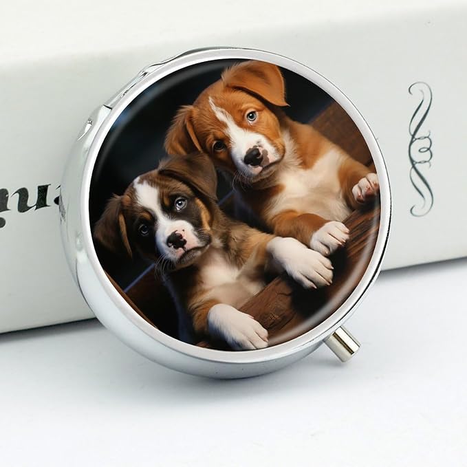 Puppies Dogs Pets Animals Pill Box 3 Compartment Round Travel Pill Case | Metal Mini Pill Organizer for Travel, Easy-Open, Fits Pocket/Purse, Small Pill Container for Vitamins Fish Oil & Supplements