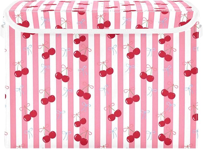Cherry Fabric Storage Bins with Lid Storage Baskets for Organizing Nursery | Decorative Storage Boxes, Foldable & Stackable, Dust-Proof Flip Top, Reinforced Handles, For Home & Dorm, Clothes & Toy Box