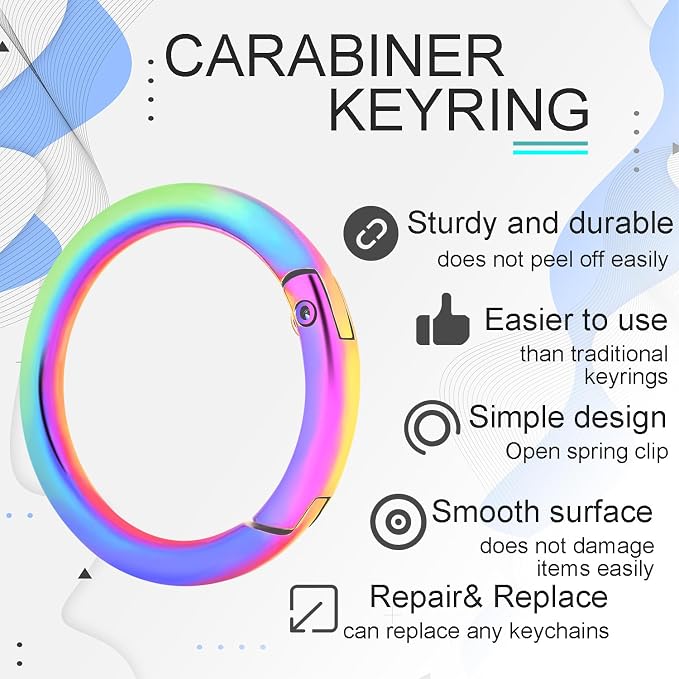 CooBigo 10Pack 1-1/4 Inch Large Round Rainbow Carabiner Clips, Metal Spring O Ring Keychain Rings for Purse Chain Ring Clip Dog Tags Clip Replacement Paracord Keychain Lanyard Leather DIY Crafts