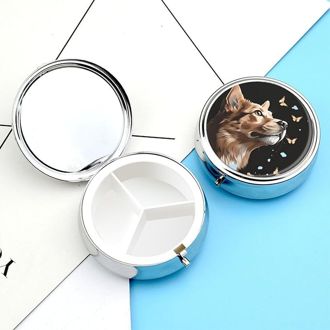 Dog and Butterfly Metal Pill Organizer with Mirror, 3-Compartment Travel Pill Box, 2-Inch Round Pocket Medicine Case with Secure Latch, Portable Vitamin Holder for Women & Men