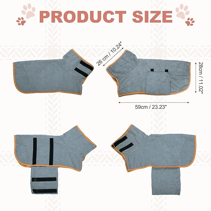 Dog Drying Coat, Dog Robes for After Bath Bathrobe Super Absorbent Towel Soft Adjustable, (S, Gray&Orange Trim), Intended for Fast Drying Warm Keeping Pet Cats Kitten Puppies