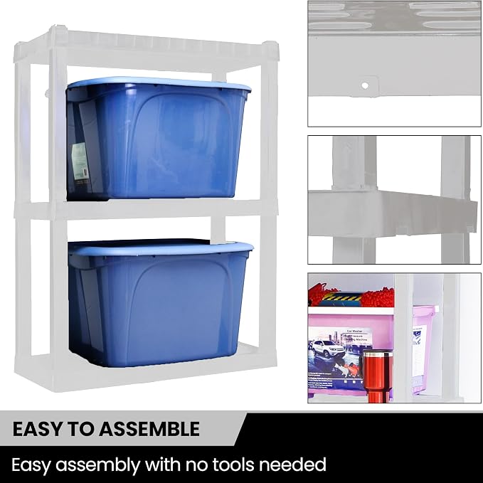 Oskar Heavy Duty Plastic Storage Shelves- for Garage, Kitchen, Bathroom Basement Kids Room, Stackable 3-Tier White, Organizer Rack for Books Shoes, Toys, Pantry, Cleaning and Closet Organization