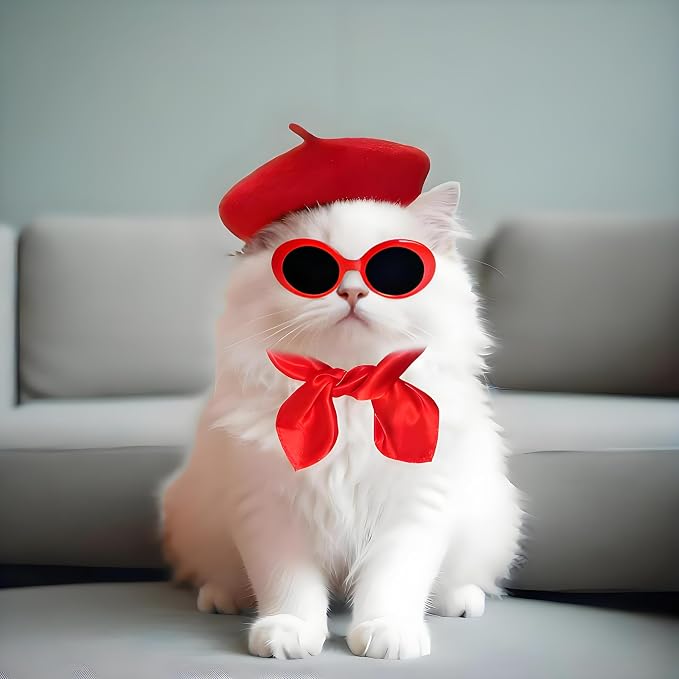Dog Beret Set Including Dog Beret Satin Scarf Funny Glasses Pet French Artist Beanie for Small Dogs Cats Halloween Christmas Cosplay Party(Red)