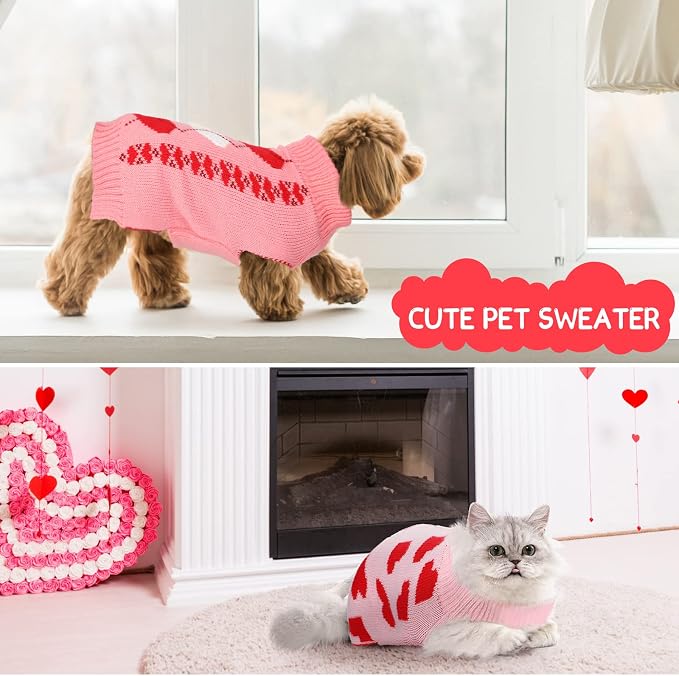 Sanwuta 3 Pieces Valentine's Day Dog Sweaters Sets Red Pink Heart Puppy Dog Sweaters Clothes Pet Knitwear for Pets Cat Pet Saint Valentine's Day Party Costume(Large)