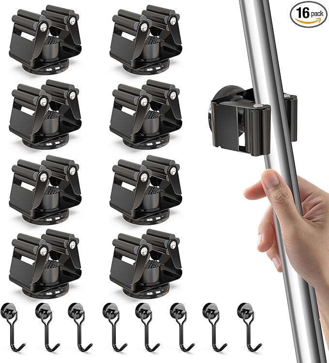 3-H 8 Pack Magnetic Broom Holder with 8 Pack Mini Magnetic Hooks,Black | Stainless Steel No Drill Mop Holder, Movable Magnet Tool Organizer for Garage Laundry Kitchen Garden RV