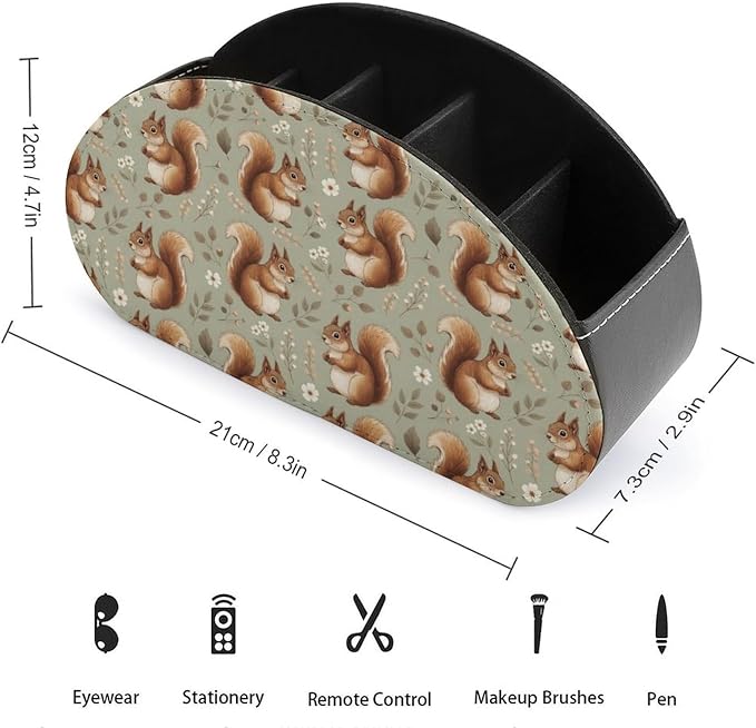 Pu Leather Remote Control Holder Box Squirrel Floral Desk Storage Caddy | with 5 Compartments, Squirrel Floral Office Supplies Table Decor for Media Player, Stationery, Makeup Brush