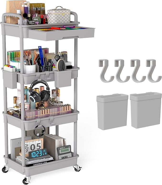 4 Tier Rolling Utility Cart with Drawer, Plastic Storage Organizer Rolling Carts with Wheels Handles Hanging Cups Hooks for Office, Bathroom, Kitchen,Craft Art Room (Grey)