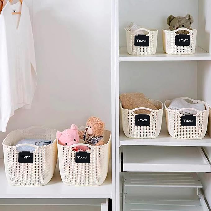 Basket Labels Clip Set - 12 Removable PVC Bin Label Holders with 2 Chalk Markers - Kitchen Clip Labels for Storage Baskets, Boxes, and Containers