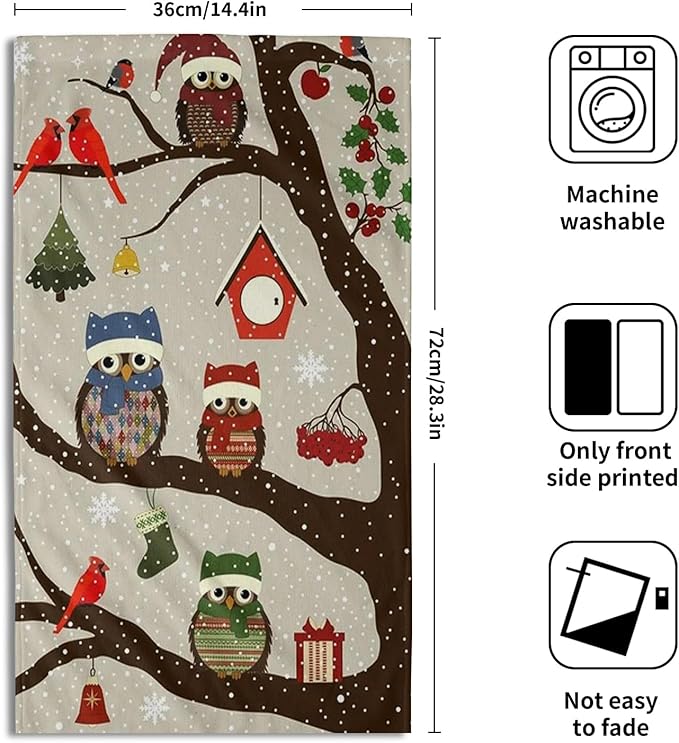 Giwawa Christmas Owl Towels 2PCs Xmas Red Birds Larger Hand Face Towel Winter Tree Berries Absorbent Microfiber Fingertip Towels Soft Guest Face Towel for Bathroom Spa Home Decor