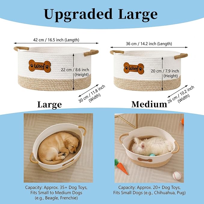 Large Dog Toy Basket Box Bin, Woven Storage Baskets for Dog Cat, Cotton Rope Toys Storage Basket for Dogs Cats Bed Toys Accessories Organizer With Handles for All Pets-Puppies to Large
